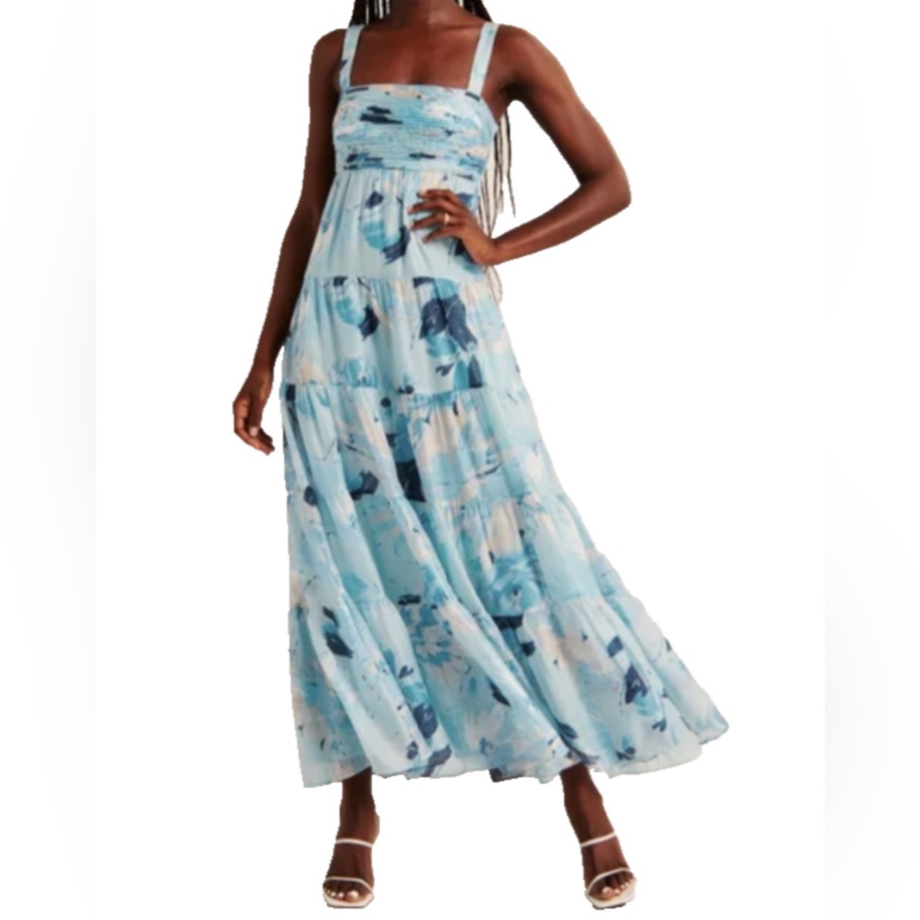 Nwot Abercrombie & Fitch Ruched Tiered Fully Lined Floral Blue Maxi Dress